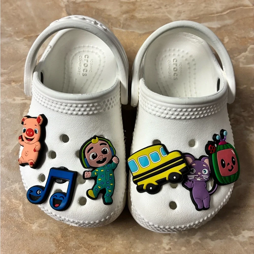 Toddler size 5 CROCS Clogs White Sandals with Cocomelon Charms